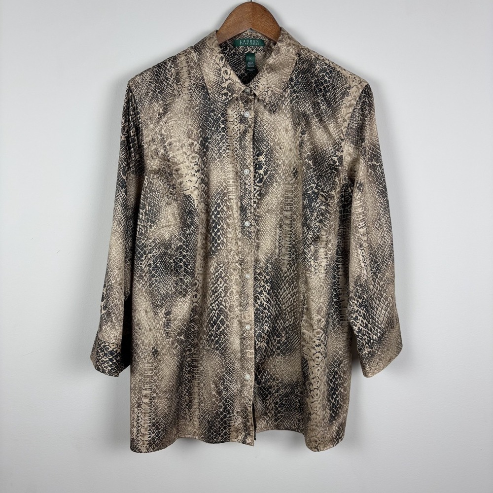 Lauren Ralph Lauren Shirt Womens 1X Snake Print Button Up 3/4 Sleeve 100% Cotton
